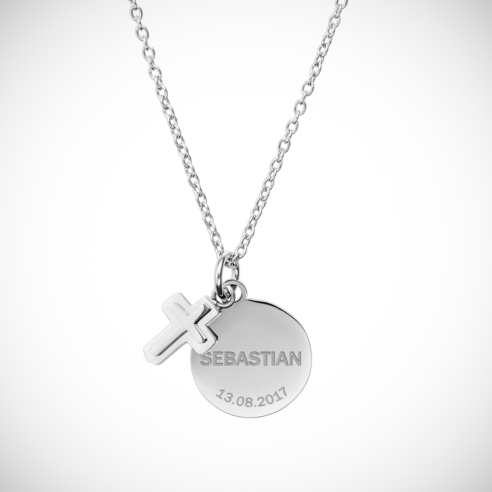 Halskette mit Gravur - Kreuz Anhänger - Farbe Silber - Personalisiert -  Kreuzanhänger graviert