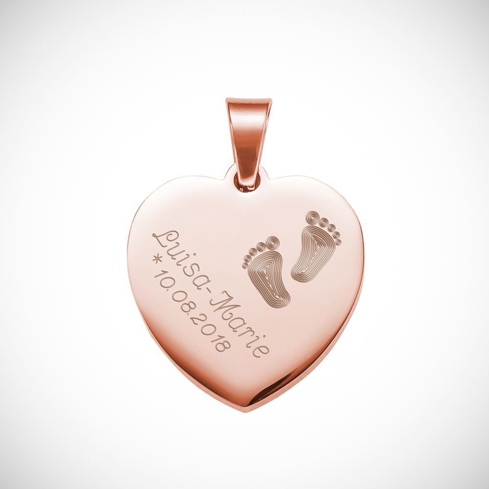 Herz Anhänger Kette mit Gravur - Babyfuß - Rosé - Personalisiert