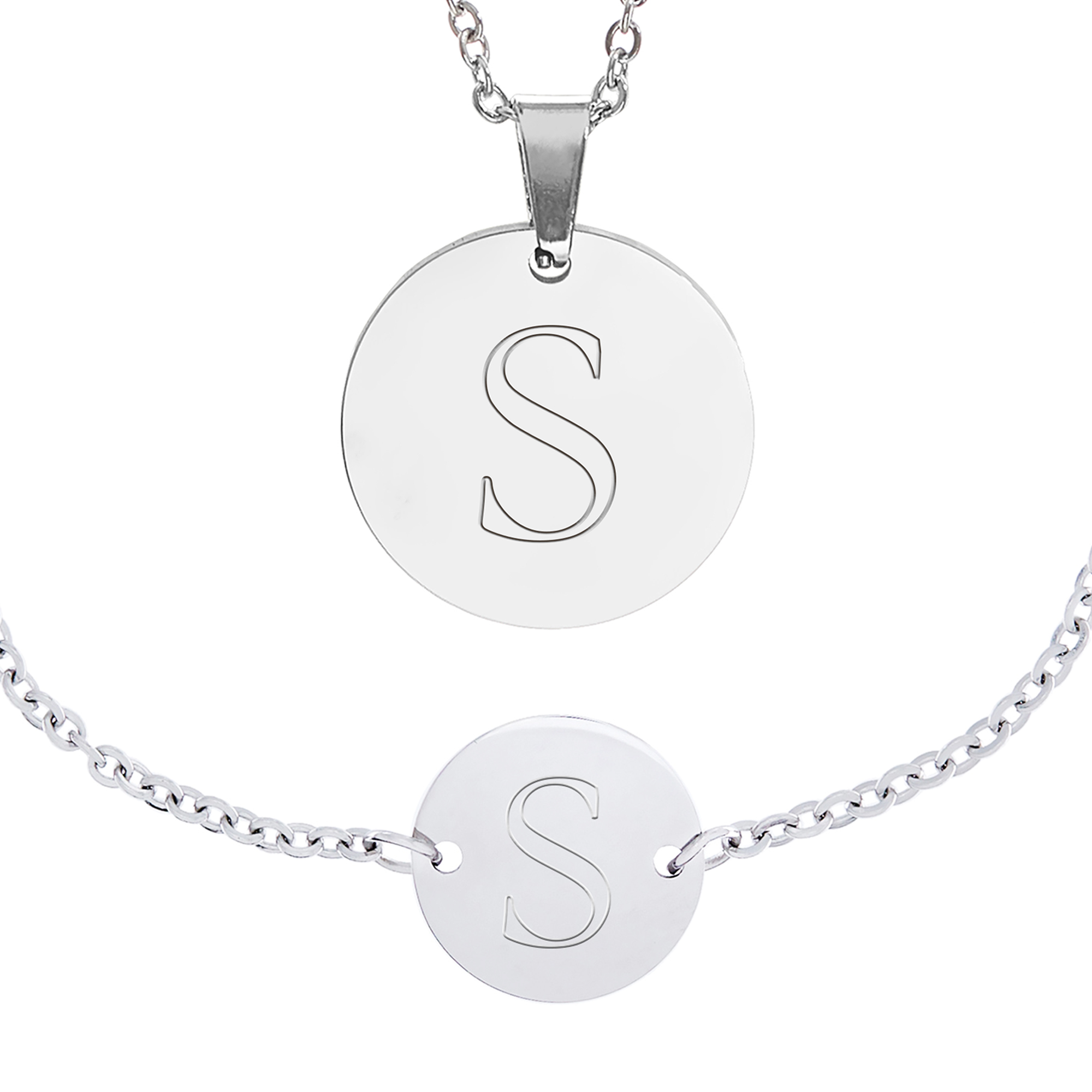 Set Kette Und Armkettchen Mit Rundem Anhanger Initial Silber