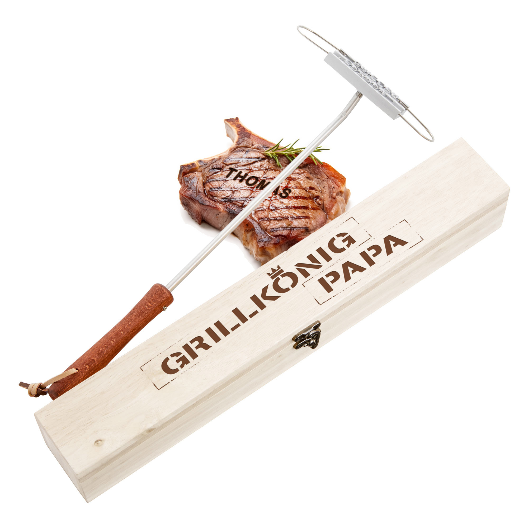 Grillbrandeisen mit Holzbox - Grillkönig - Papa - Standard