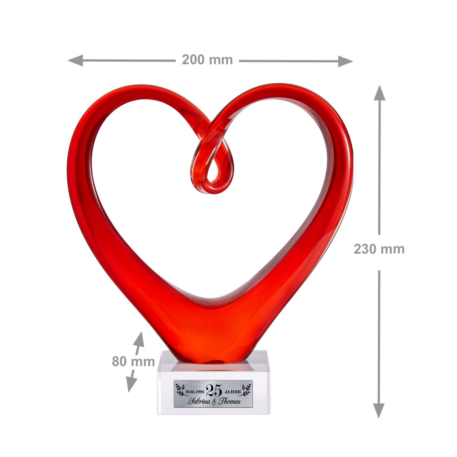 Herz aus Glas mit Gravur zur Silberhochzeit